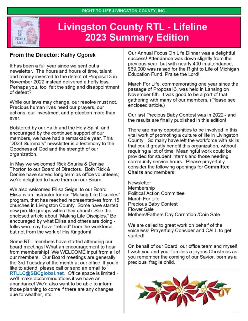Right to Life Livingston Summary Newsletter