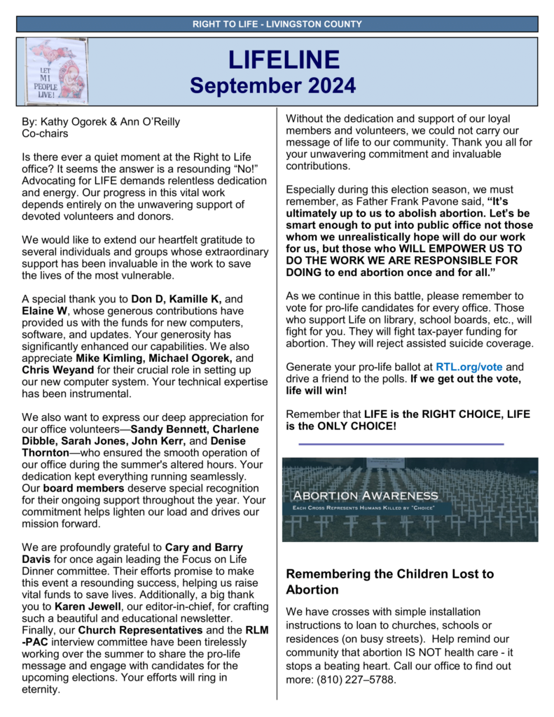 September 2024 Right to Life Livingston Newsletter