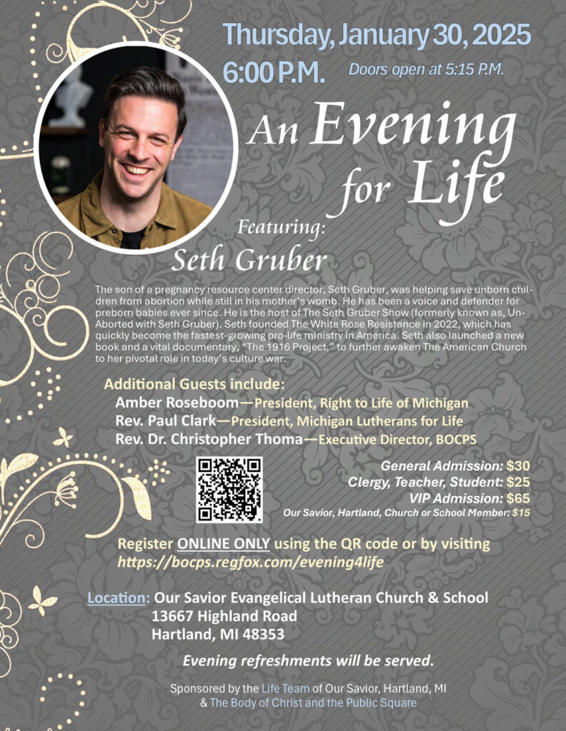 An Evening for Life with Seth Gruber, Amber Roseboom, Pastor Paul Clark and Pastor Chris Thoma.